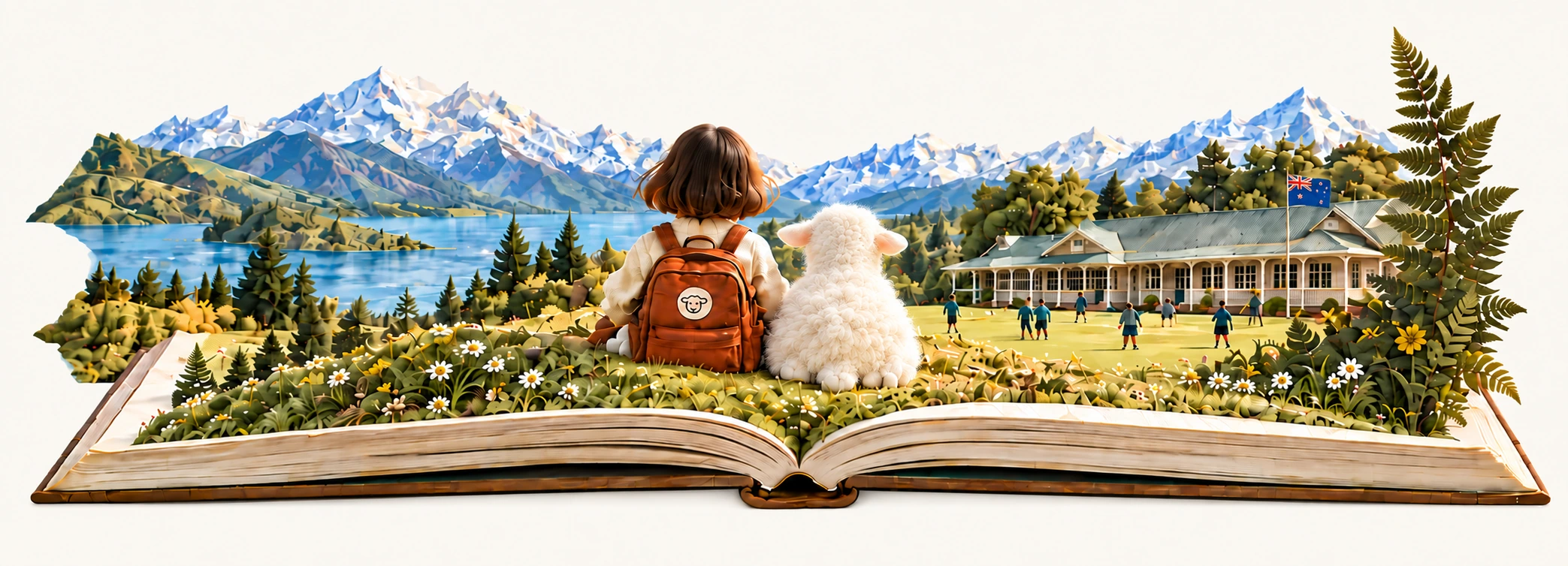 背着书包的小女孩与小羊并肩坐在立体书中的草坡上，望向新西兰雪山、湖泊和学校。